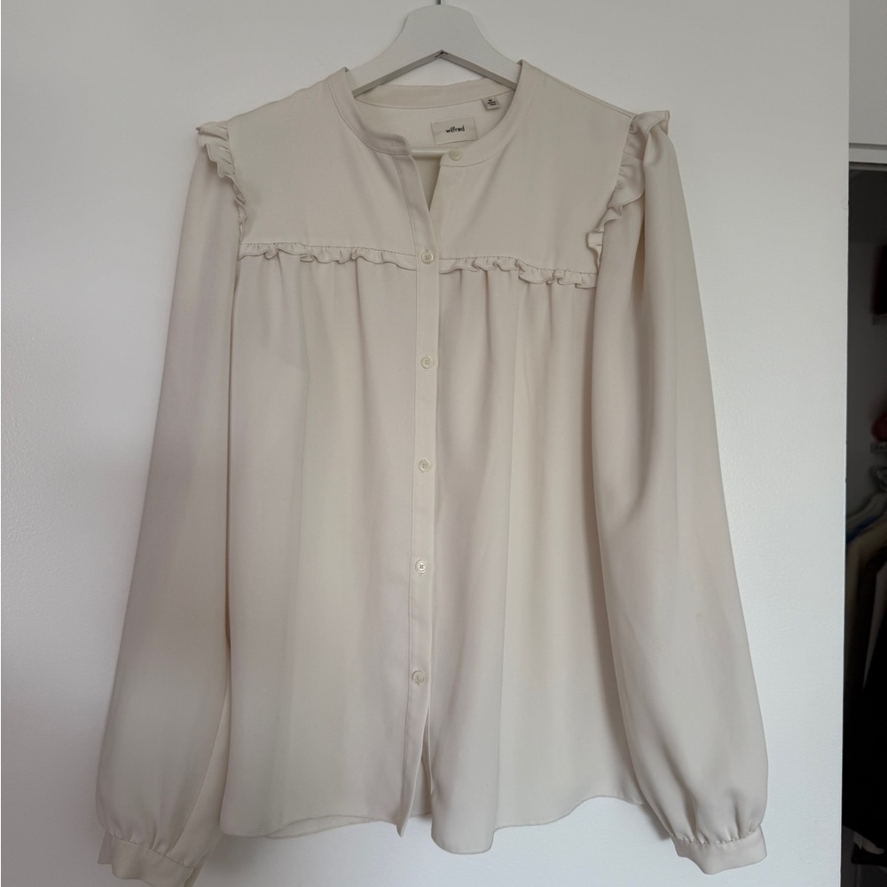 Aritzia Wilfred Cream Blouse with Puff Sleeves and Mandarin Collar
